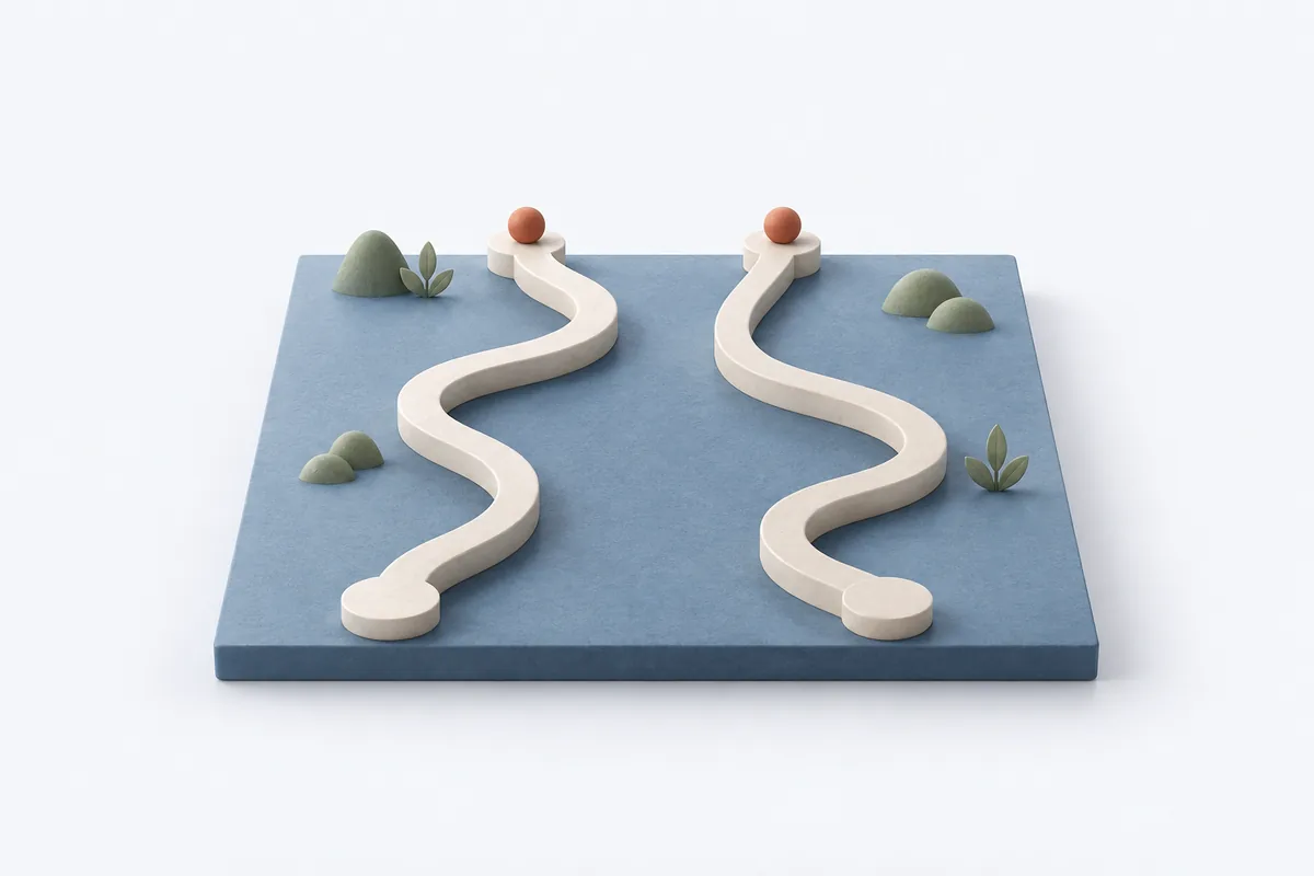 Two winding paths side by side on a blue surface