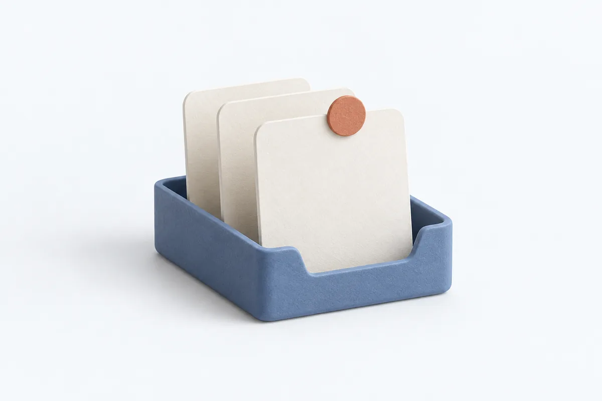 Three stacked cards in a blue tray