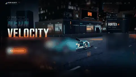 NEON VELOCITY, a browser racing game generated by DeepSeek V4.1-Flash-1017, showing car selection and a night street race