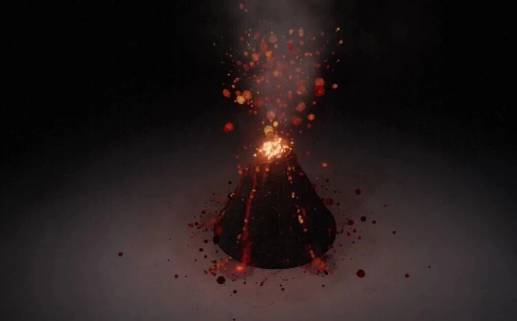 Frame from a 3D volcano eruption simulation screen recording generated by DeepSeek V4.1-Flash-1017, showing lava particles and smoke over a dark volcano model