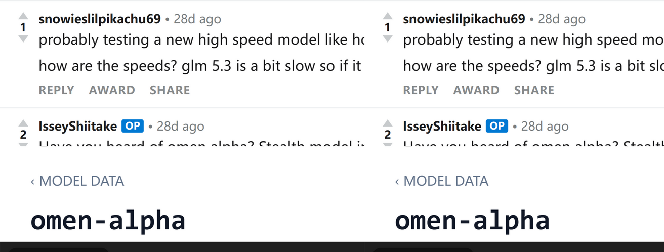 Reddit comments discussing Omen Alpha as a stealth GLM model in OpenCode's testing ground